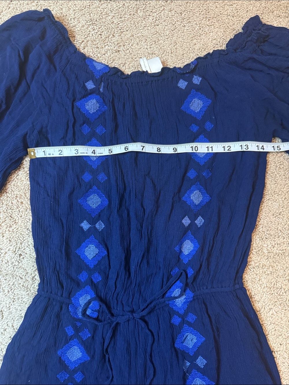 Japna Navy Blue Embroidered Off-Shoulder Romper Size Medium - Picture 4 of 7
